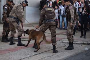 Policial Militar recebe o 'ataque amigo' do cão de guarda durante o processo de contenção dos torcedores no entorno do Independência