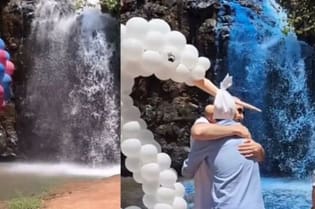 Vídeo: Casal pinta cachoeira de azul para chá de revelação e é criticado