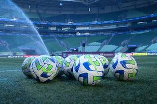 Imagem ilustrativa: bolas de futebol em gramado de estádio