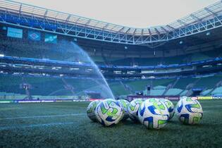 Imagem ilustrativa: bolas no gramado de estádio de futebol
