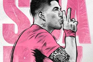 Inter Miami confirmou a contratação com uma ilustração de Suárez já utilizando a tradicional camisa rosa do clube