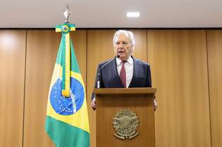 O ministro Ricardo Lewandowski durante o breve pronunciamento de 3 minutos e 24 segundos na sede do Ministério da Justiça e Segurança Pública, em Brasília