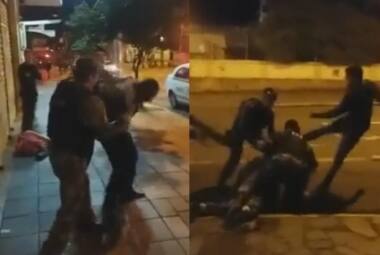 Vídeo registrou agressões de policiais contra homem e o momento em que um policial é chutado na cabeça