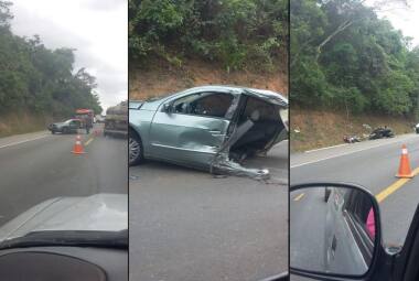 Imagens da colisão entre carro e caminhão na manhã deste sábado (20), em Nova Serrana